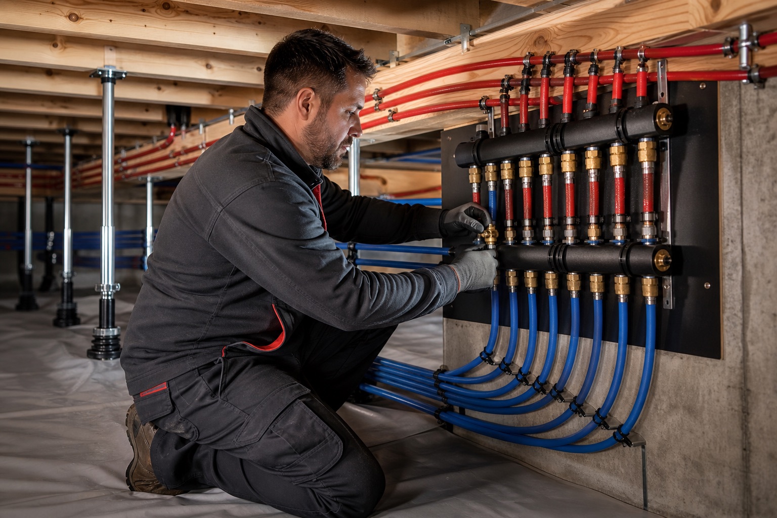 Plumber inspecting a high-efficiency boiler and hydronic heating manifold