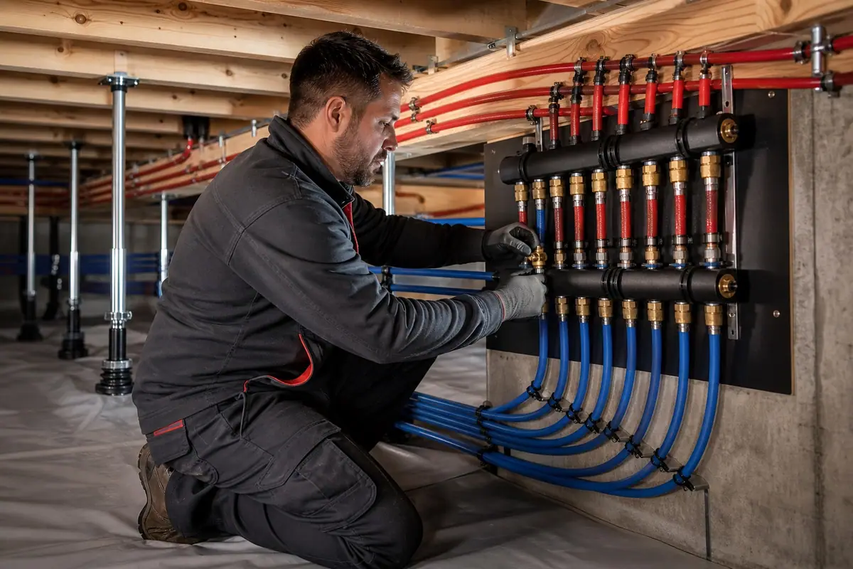Plumber inspecting a high-efficiency boiler and hydronic heating manifold