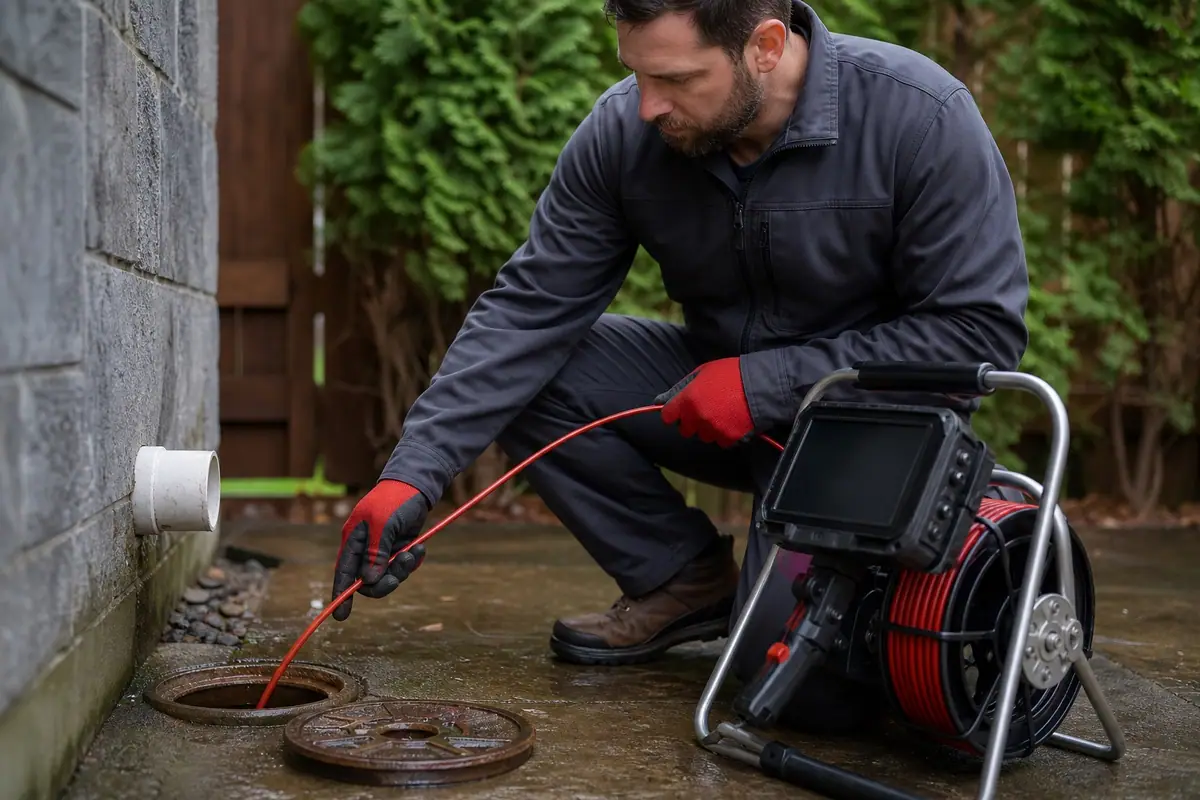 Plumber performing a video drain inspection at an exterior cleanout