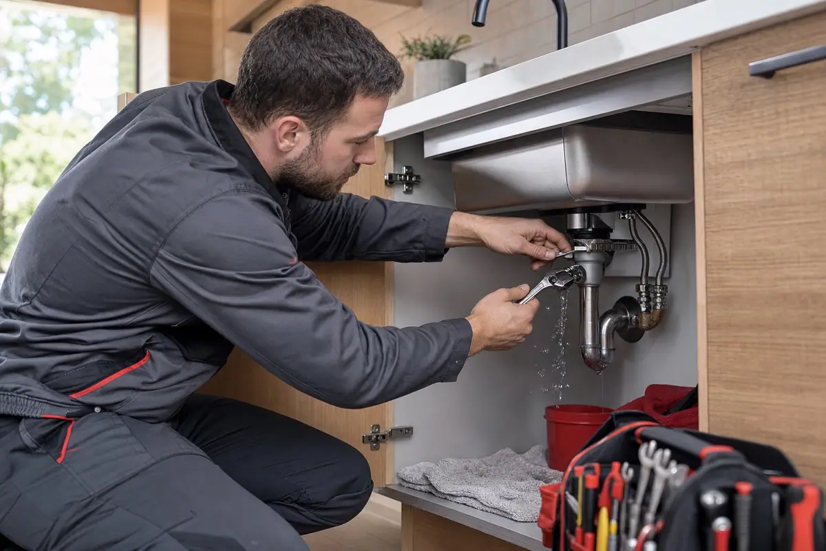 Plumber containing and repairing an active leak beneath a kitchen sink