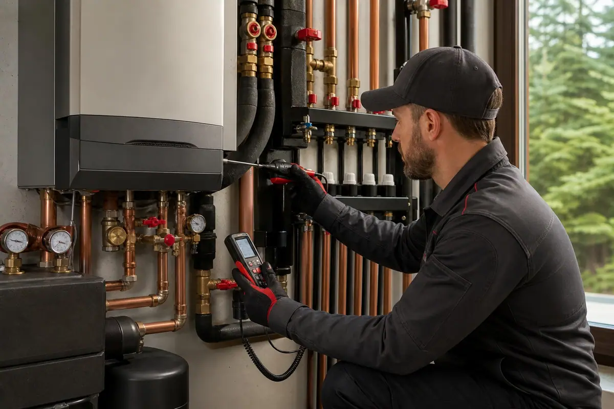 Plumber completing a modern bathroom sink and fixture installation