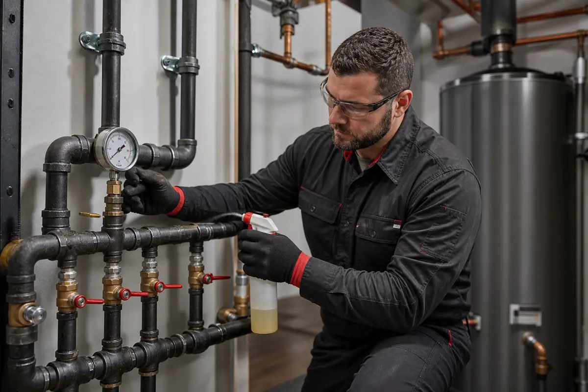 Plumber pressure testing a black iron gas piping manifold