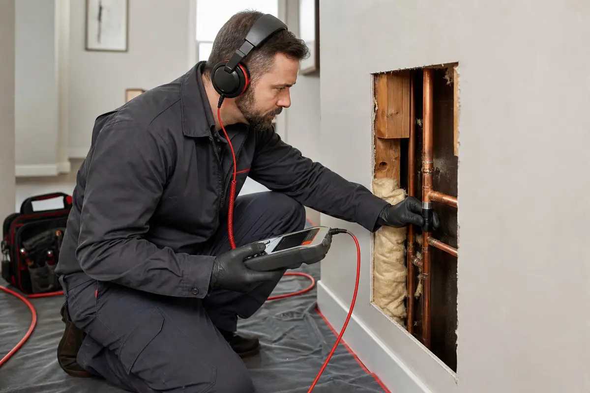 Plumber using acoustic diagnostic equipment to locate a hidden pipe leak