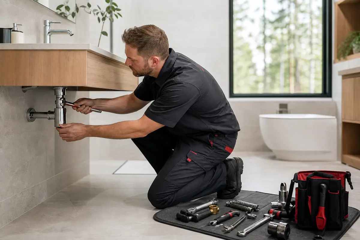 Plumber installing an organized PEX manifold during a whole-home repipe
