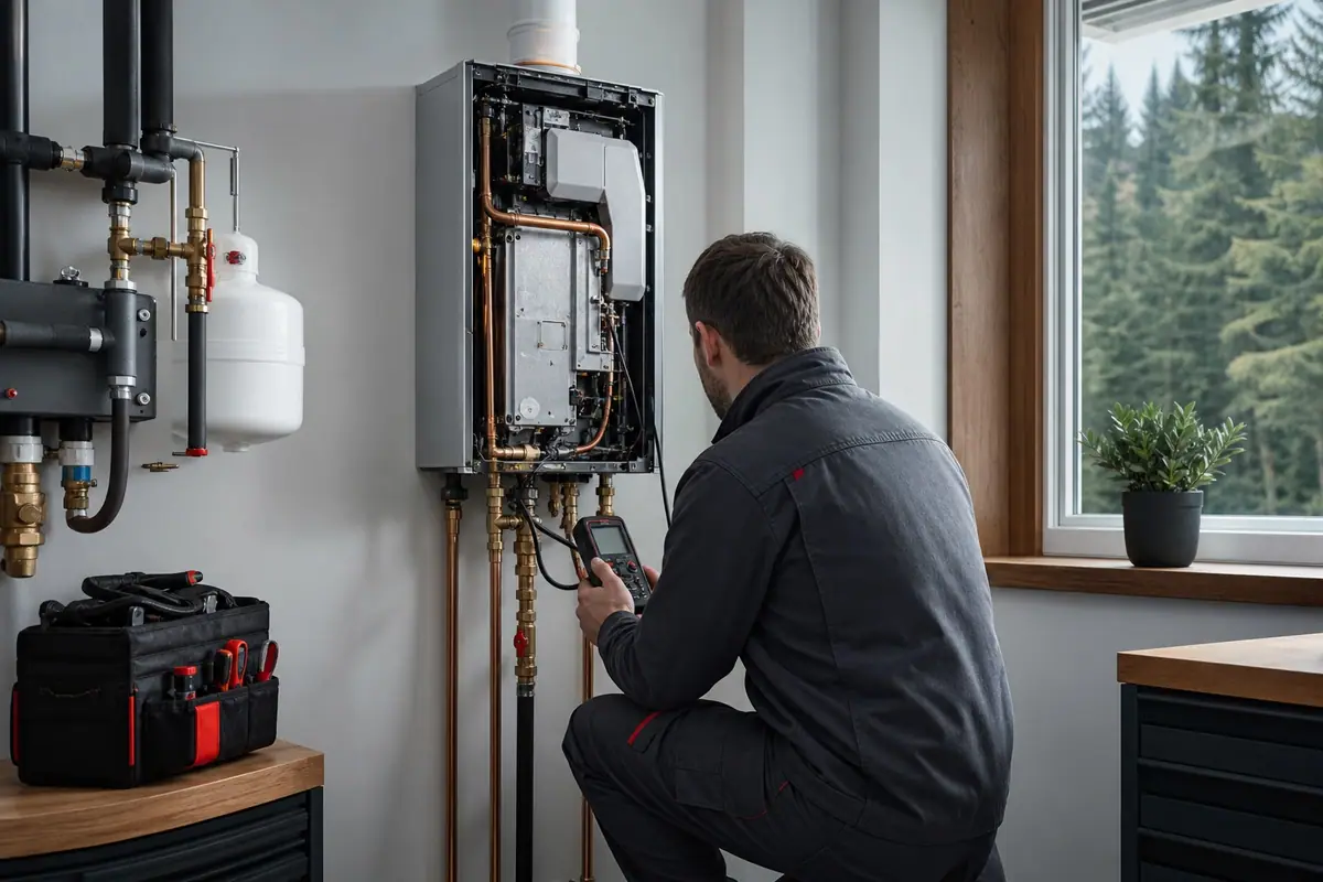 Plumber diagnosing a modern tankless water heater in a clean utility room